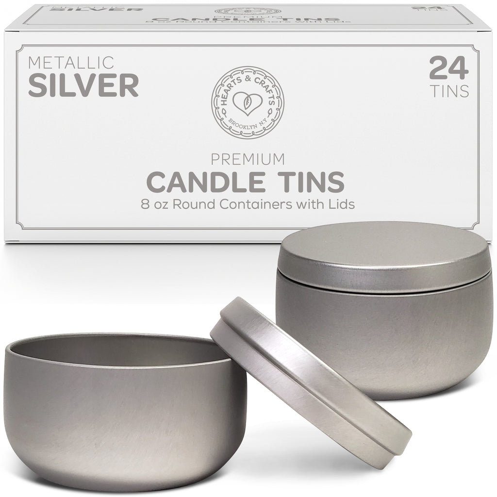 Hearts & Crafts Silver Candle Tins 8 oz with Lids - 24-Pack of Bulk Candle Jars for Making Candles, Arts & Crafts, Storage, G