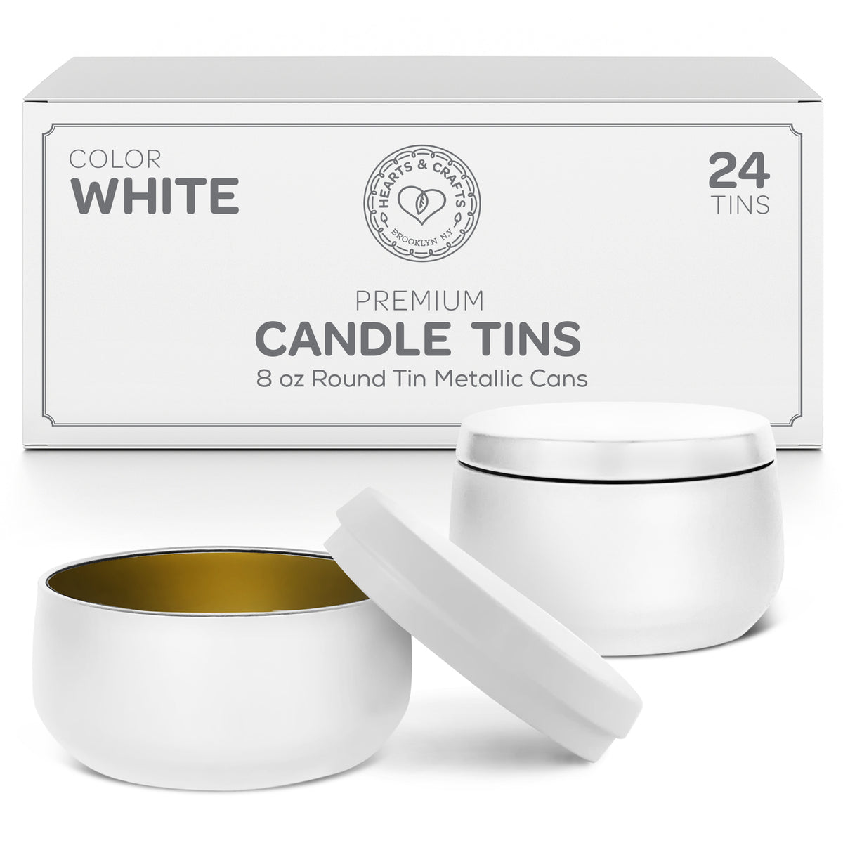 8OZ WHITE CANDLE TINS – 24 COUNT– Hearts & Crafts